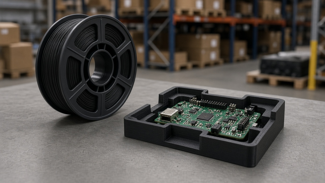 Black PETG-ESD spool beside a black PCB tray in Foshan