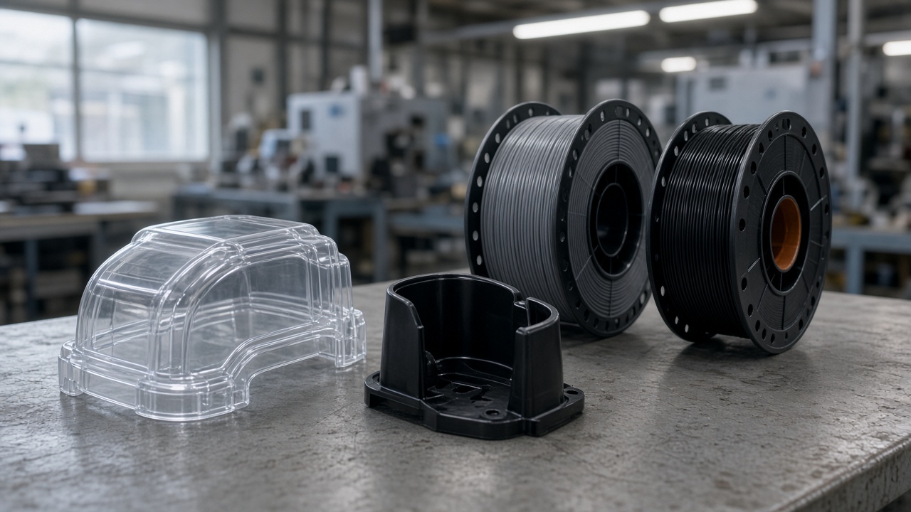 Clear PCTG enclosure beside PETG parts on a Foshan bench