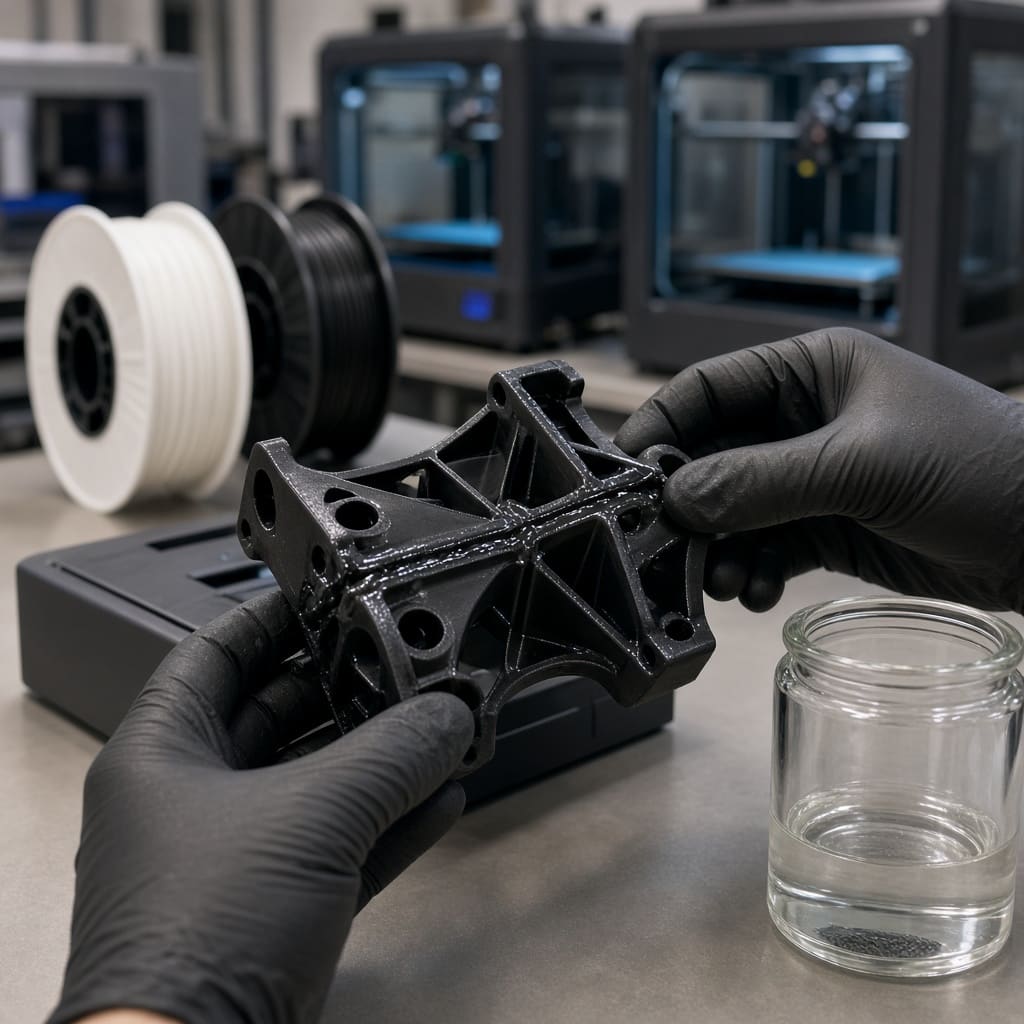 ABS acetone weld functional part OEM wholesale — black ABS halves fused at the seam with unlabeled 1.75 mm spool