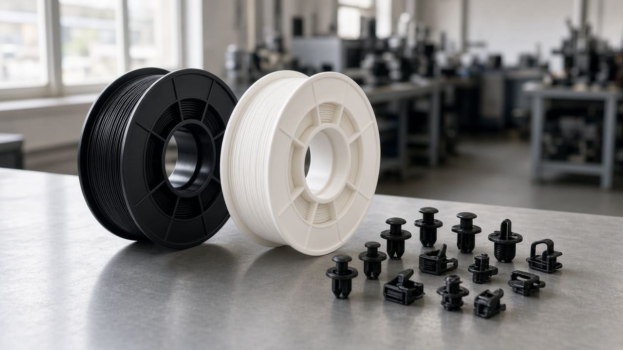 ABS filament OEM wholesale automotive clips — unlabeled black and white ABS spools with printed push clips and wire mounts, Foshan OEM factory