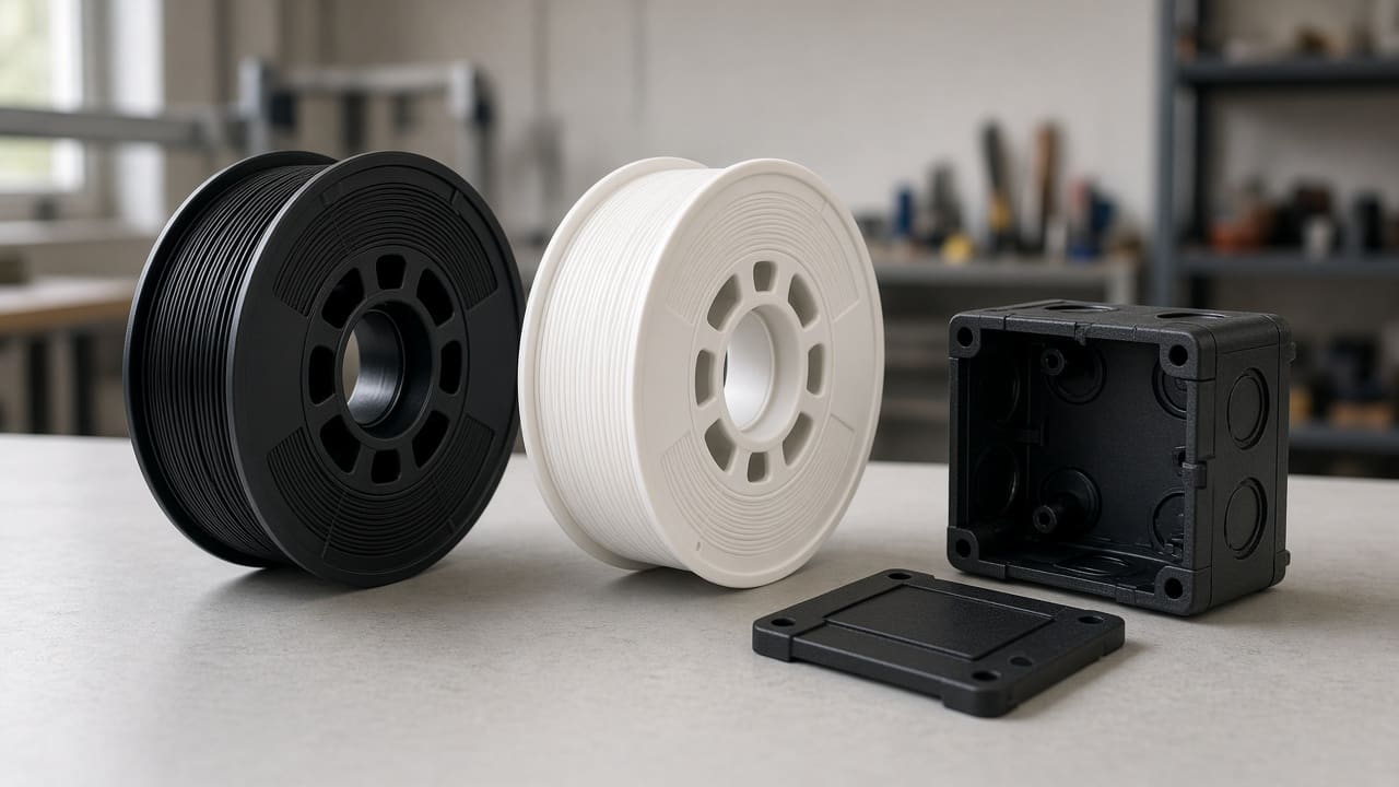 ABS filament OEM wholesale indoor junction boxes — unlabeled black and white ABS spools beside a sanded indoor junction box, Foshan OEM
