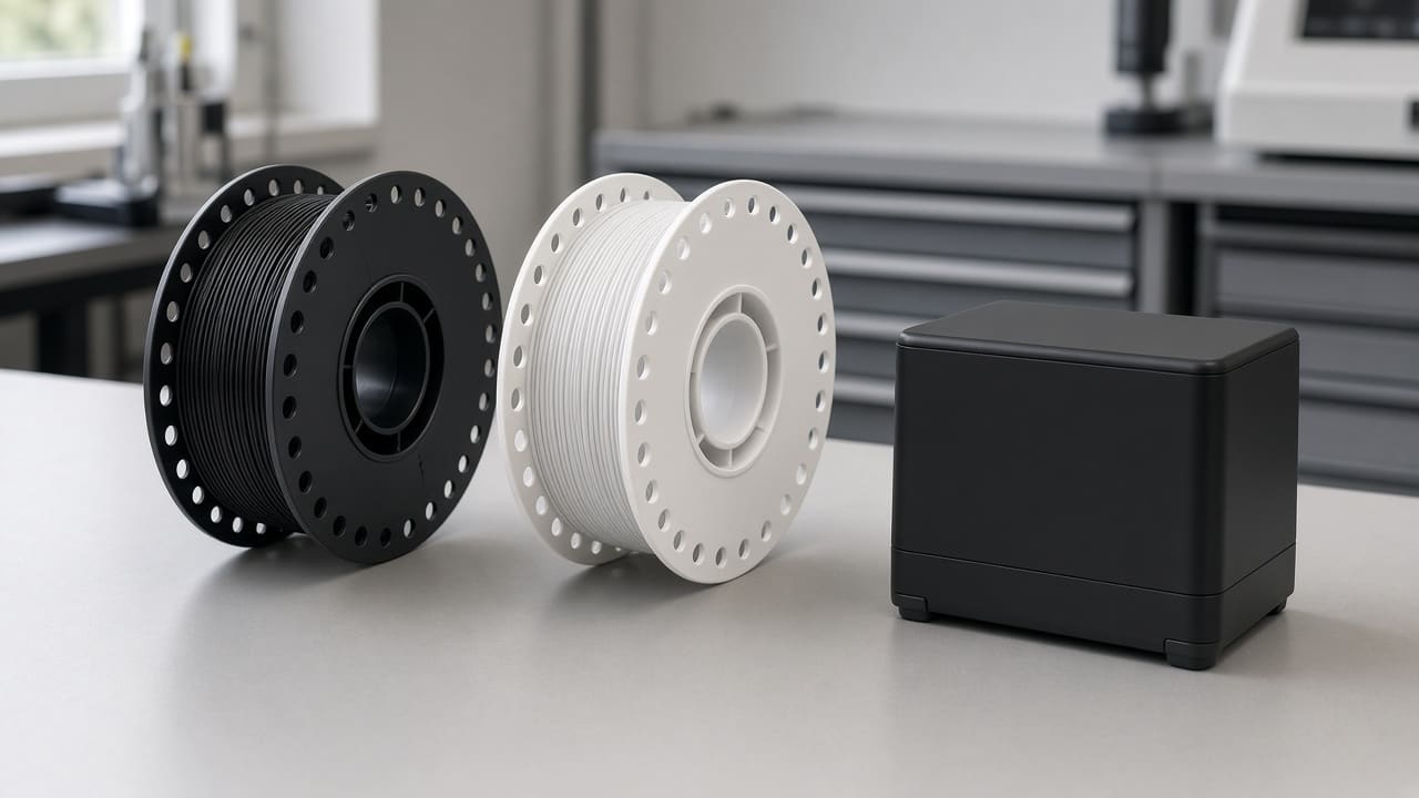 ABS filament OEM wholesale painted bezels — unlabeled black and white ABS spools beside a sanded appliance bezel shell, Foshan OEM