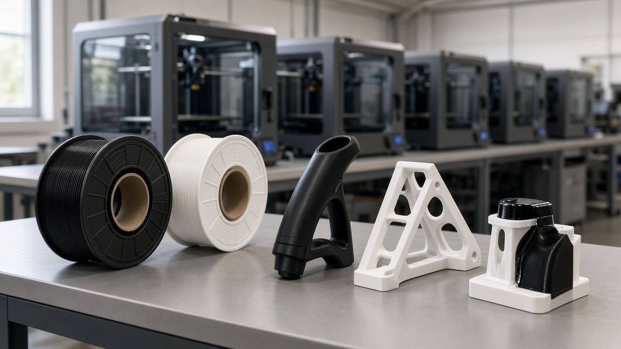 ABS filament OEM wholesale print farm functional parts — unlabeled black and white ABS spools with drop-tested indoor functional FDM parts on a Foshan OEM print-farm bench