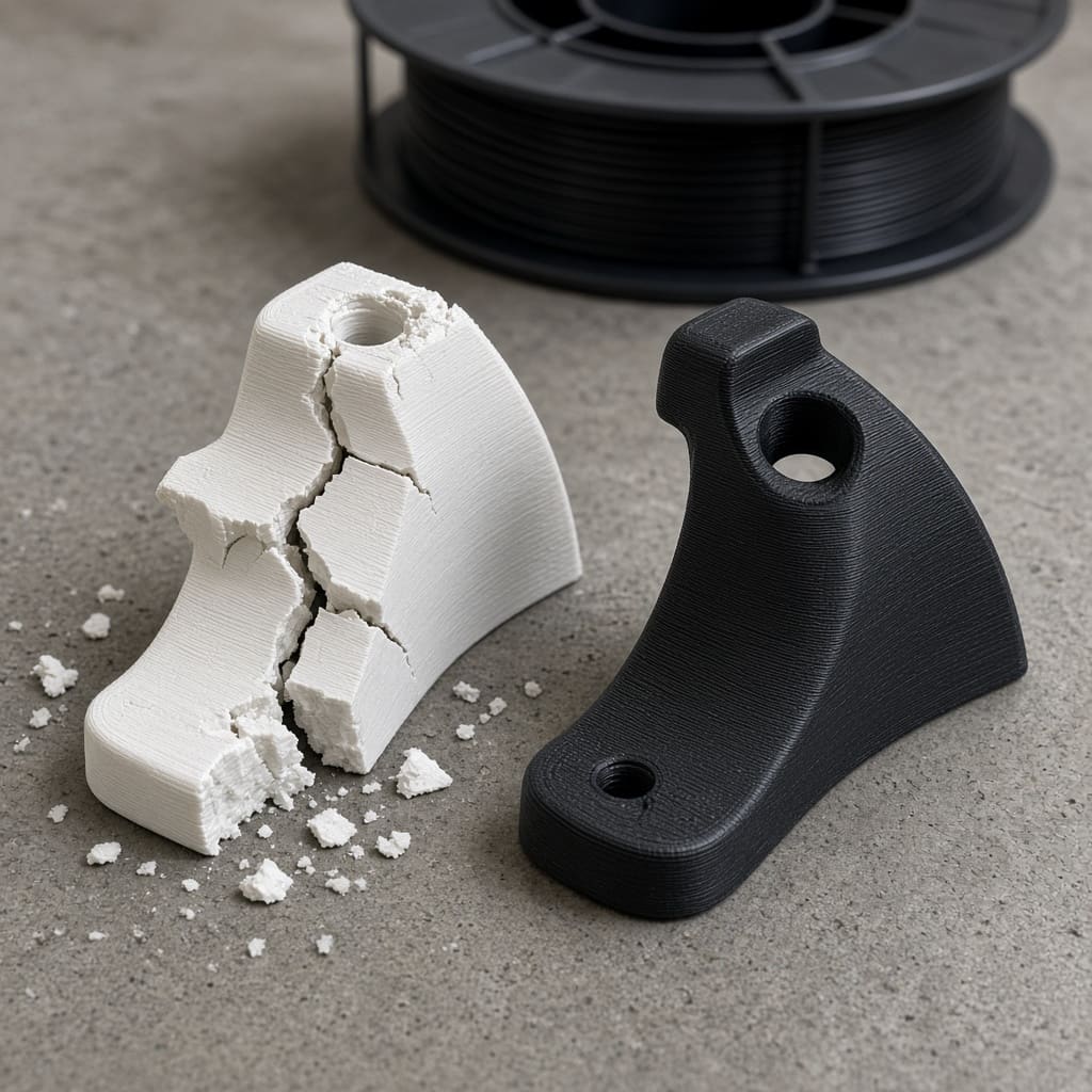 ABS vs PLA drop functional OEM wholesale — cracked white PLA bracket beside an intact black ABS part