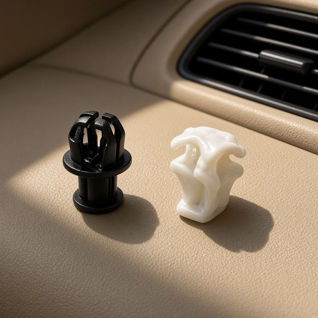 ABS vs PLA heat automotive clip OEM wholesale — stiff black ABS clip beside a heat-slumped white PLA clip