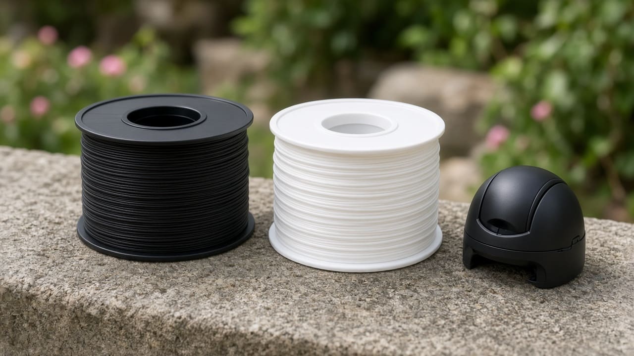 ASA filament OEM wholesale outdoor camera housings — unlabeled black and white ASA spools beside a matte outdoor camera shell, Foshan OEM