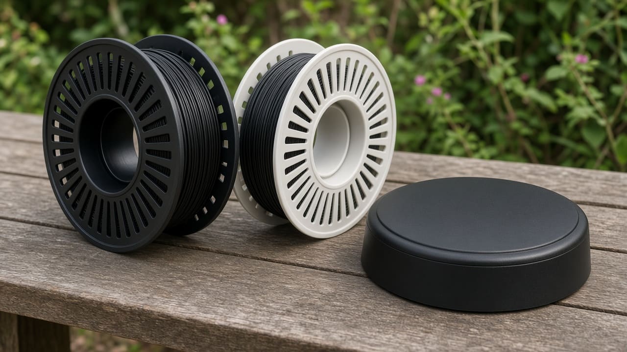 ASA filament OEM wholesale irrigation lids — unlabeled black and white ASA spools beside an outdoor controller lid, Foshan OEM