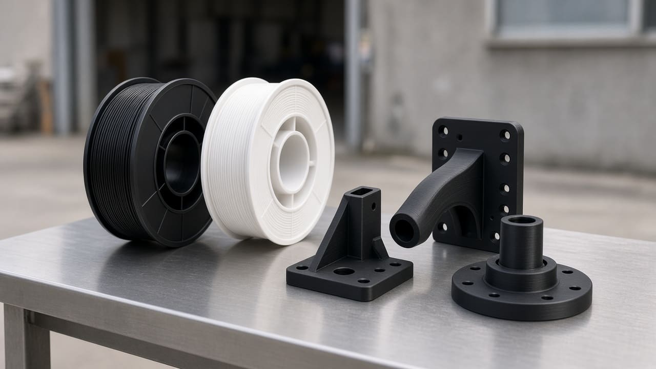 ASA filament OEM wholesale outdoor brackets — unlabeled black and white ASA spools with weather-resistant FDM wall brackets on a Foshan OEM outdoor-parts bench