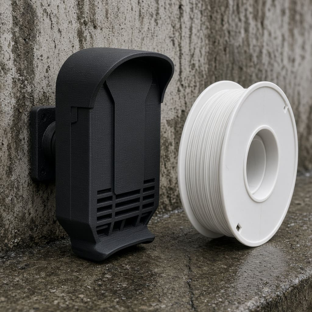 ASA outdoor sensor housing OEM wholesale — matte black rain shroud on an exterior wall with unlabeled 1.75 mm spool