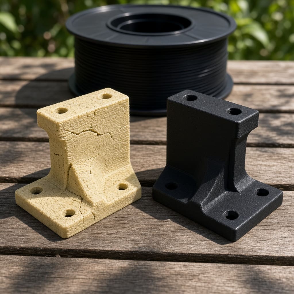 ASA vs ABS UV chalk outdoor OEM wholesale — faded yellowish ABS bracket beside intact black ASA outdoor bracket