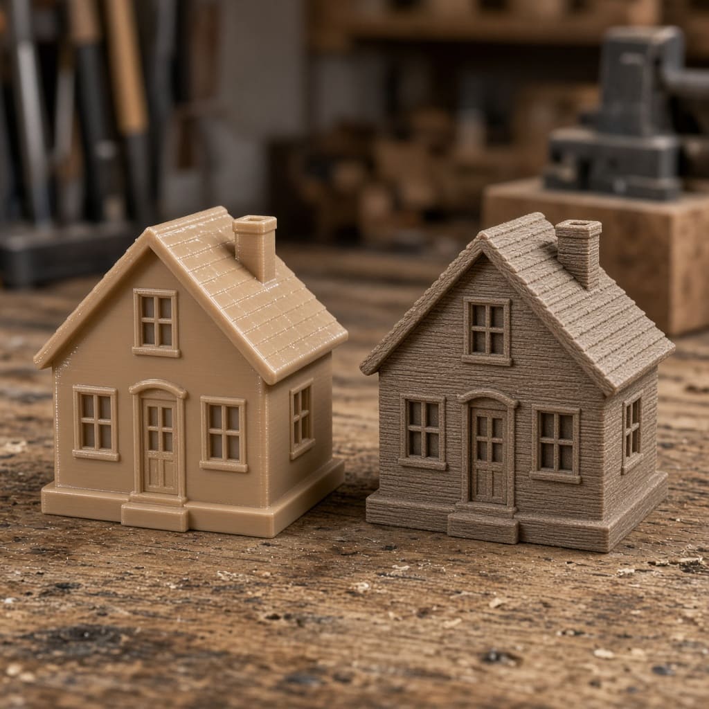 beige PLA vs PLA wood model OEM wholesale — shiny plastic house beside a wood-fiber school model