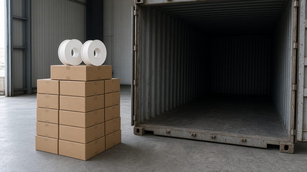 Small stack of unlabeled filament cartons beside an empty shipping container — bridge lot now, container later