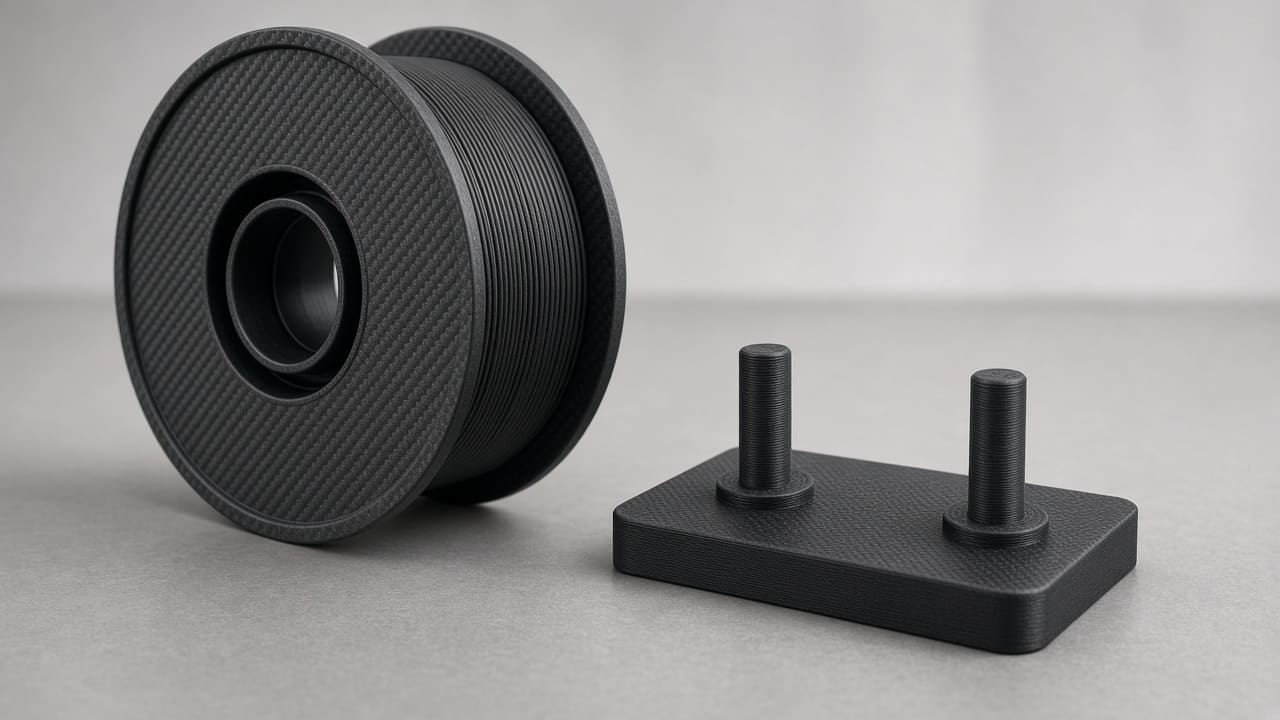 CF PETG filament OEM wholesale print farm fixtures — unlabeled black carbon-fiber PETG spool beside a matte locating jig, Foshan OEM