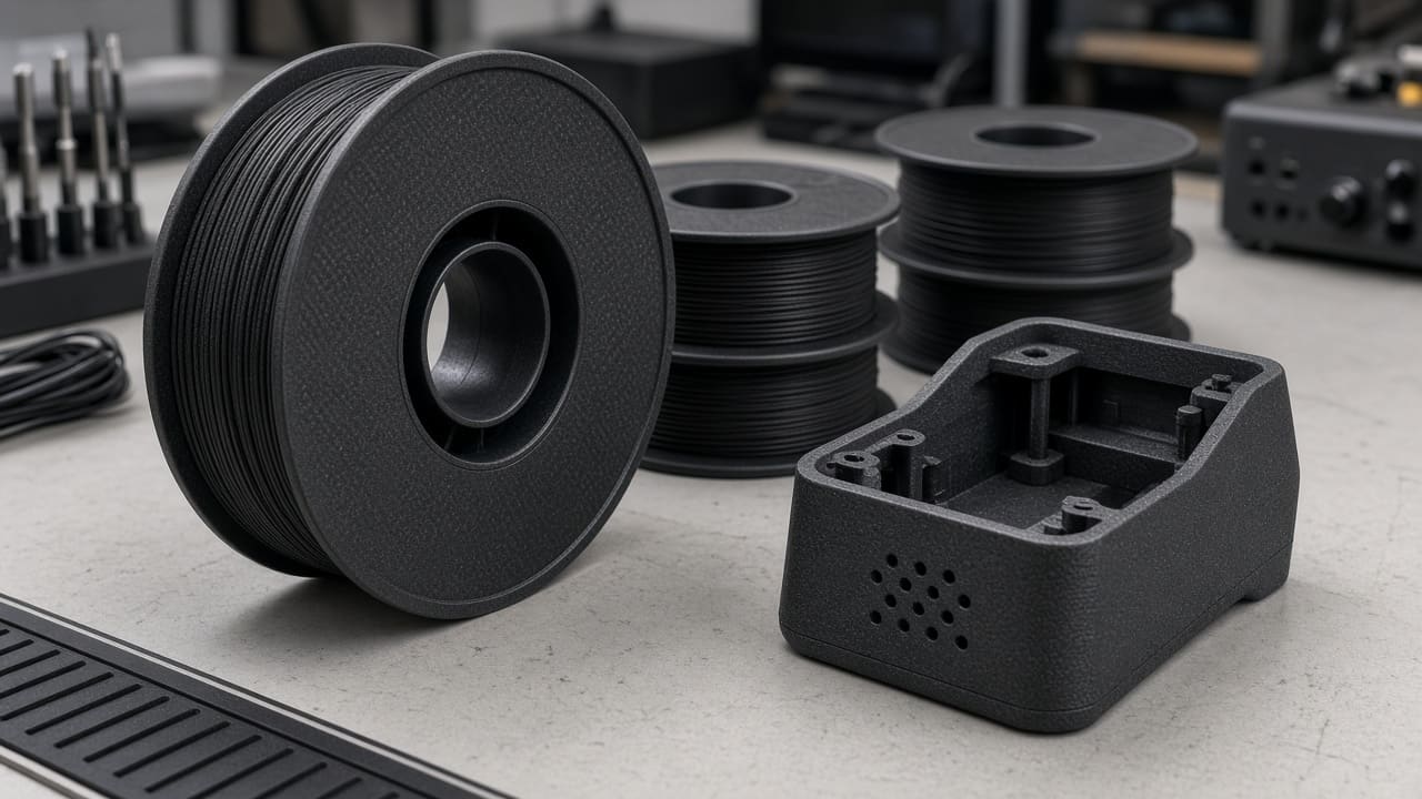CF PETG filament OEM wholesale meter housings — unlabeled matte-black carbon-fiber PETG spools beside a handheld instrument shell, Foshan OEM