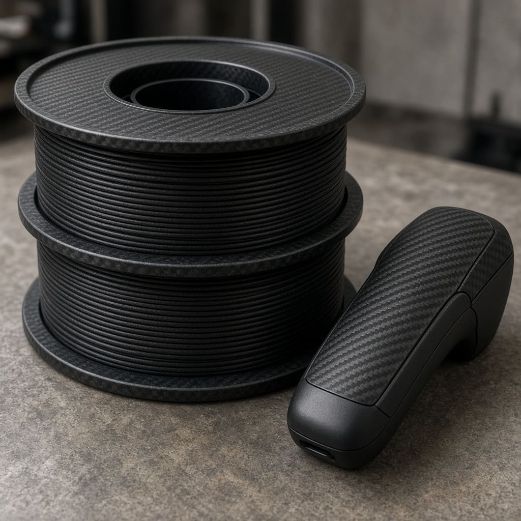 CF PETG meter housing OEM wholesale — unlabeled matte black carbon-fiber PETG spool beside a handheld instrument shell