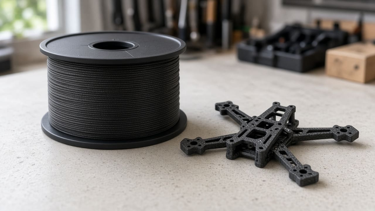 CF PLA filament OEM wholesale drone frames — unlabeled matte black carbon-fiber PLA spool with a stiff FPV drone arm, Foshan OEM factory