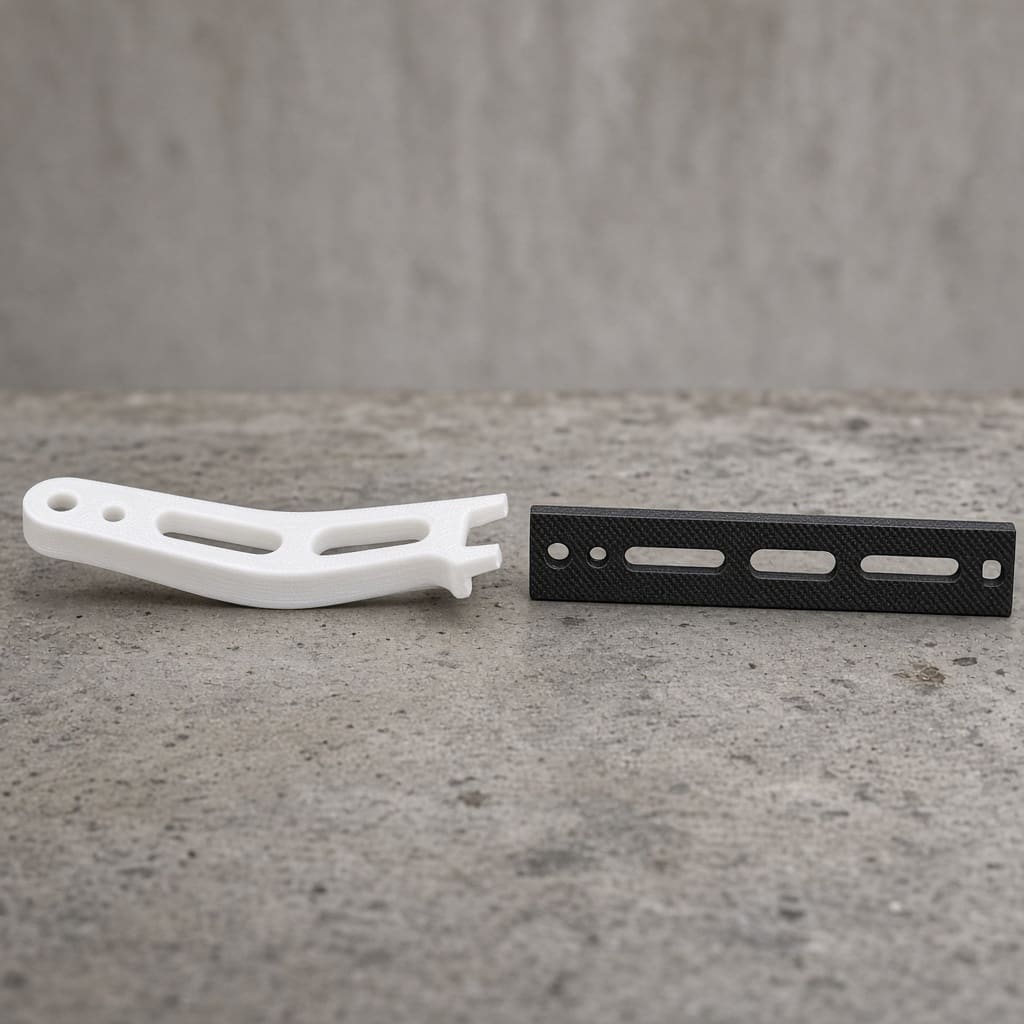 CF PLA vs PLA stiffness drone OEM wholesale — straight carbon arm beside a sagging white PLA arm