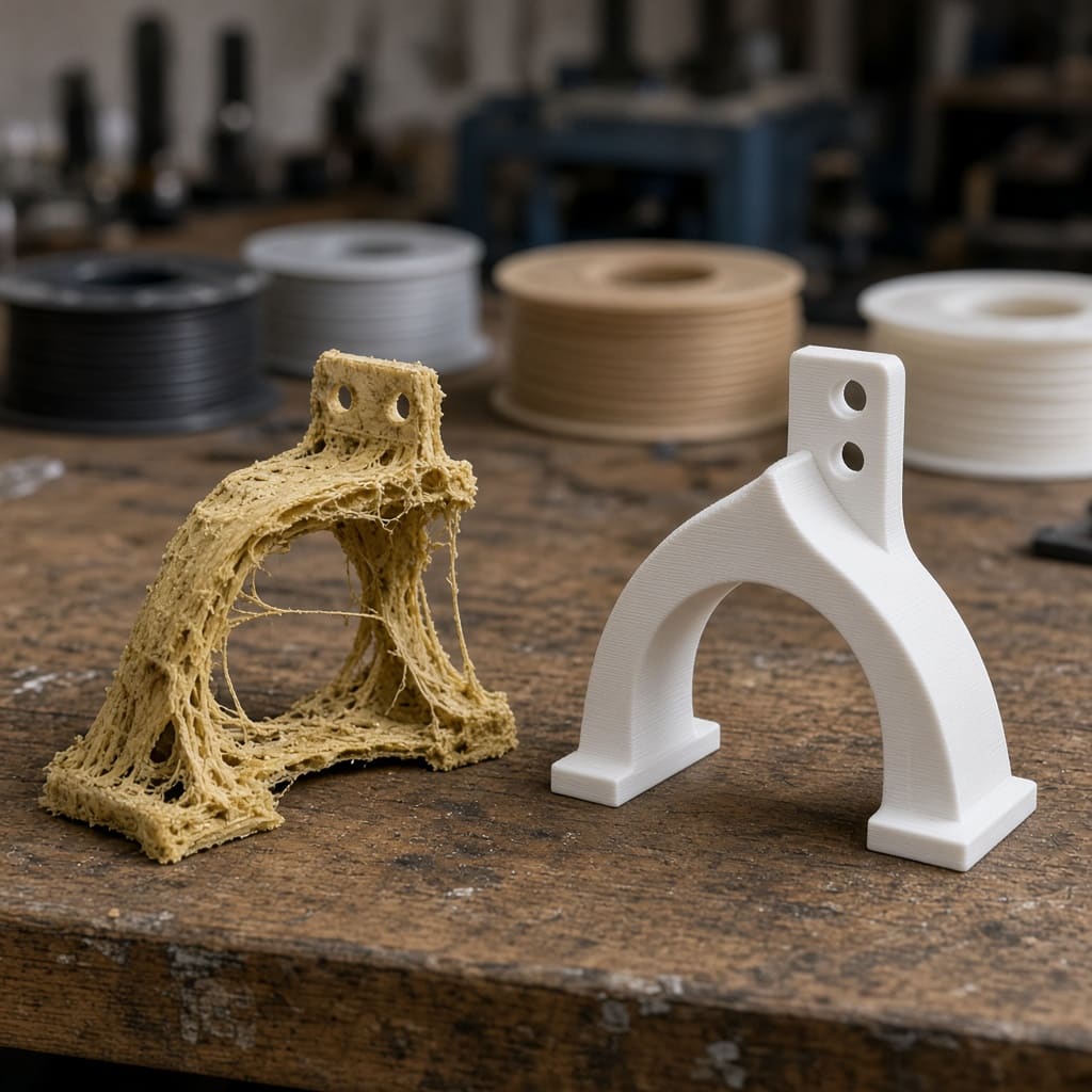 cheap filament vs virgin OEM print farm — failed brittle print beside a clean functional bracket