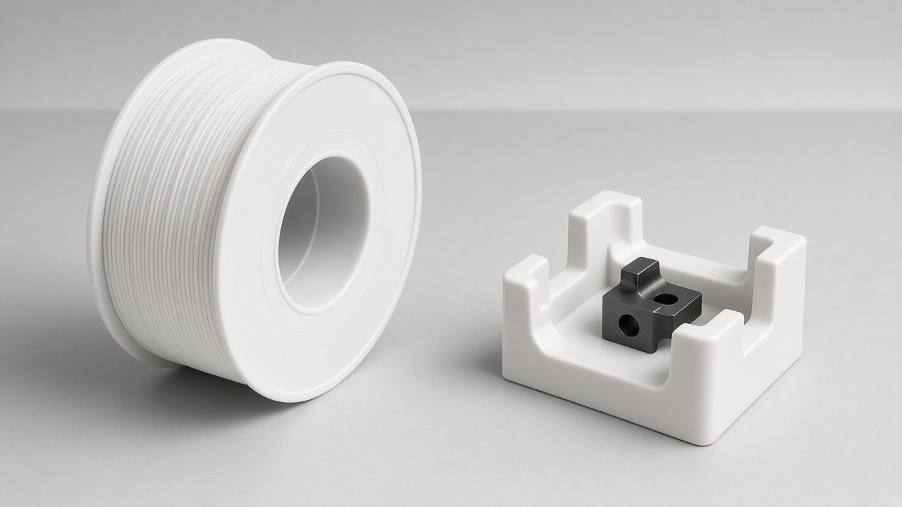 GF PETG filament OEM wholesale inspection fixtures — unlabeled white glass-fiber PETG spool beside a matte white inspection nest, Foshan OEM