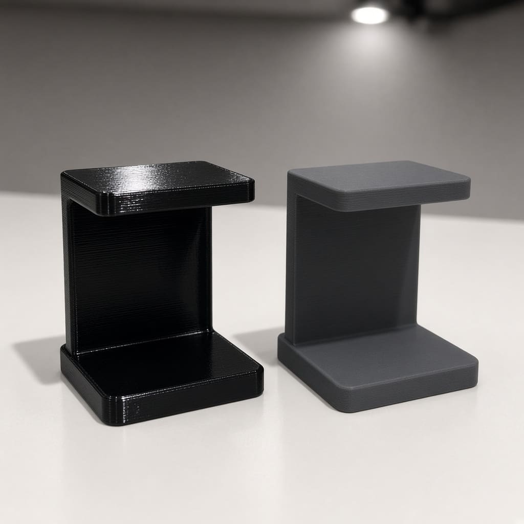 glossy vs matte PETG display stand OEM wholesale — shiny black stand beside a low-glare grey stand