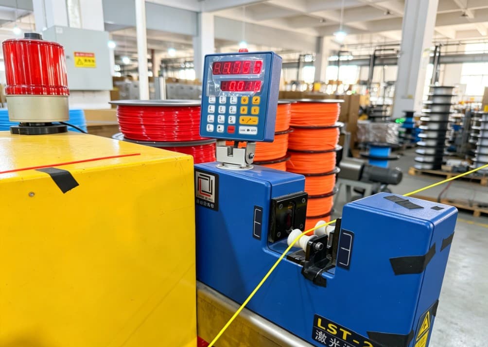laser diameter gauge 1.75mm filament OEM Foshan — in-line laser micrometer checking yellow 1.75 mm PLA PETG filament at Qianshuo source factory