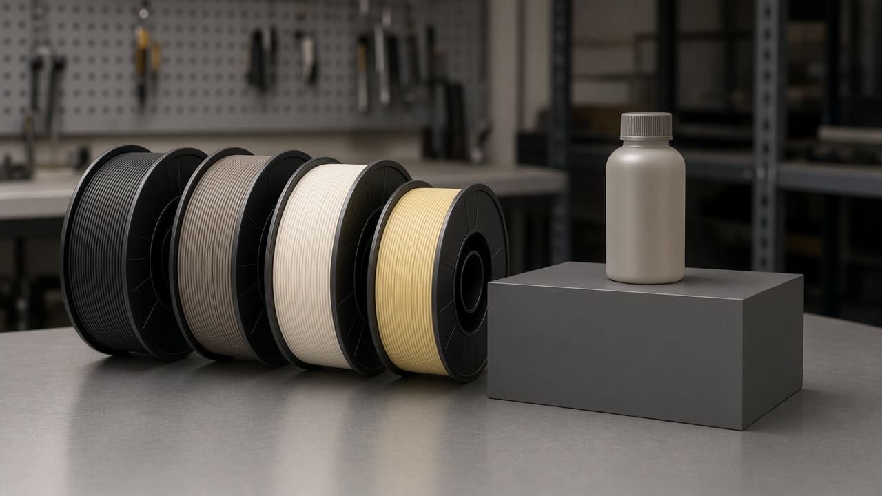 matte PETG filament OEM wholesale retail display — unlabeled charcoal, grey, cream and muted yellow matte PETG spools beside a low-glare retail plinth, Foshan OEM