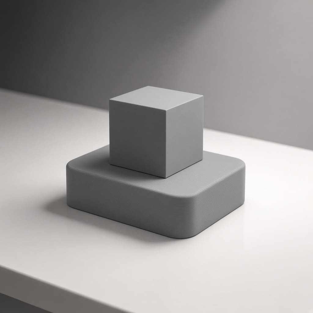 matte PETG retail display plinth OEM wholesale — low-glare grey FDM riser on a shop counter