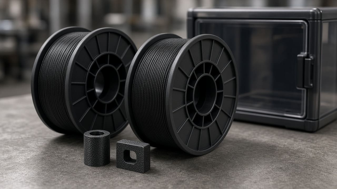 PA-CF filament OEM wholesale wear bushings — unlabeled matte-black nylon carbon-fiber spools beside a sliding bushing and guide block, Foshan OEM