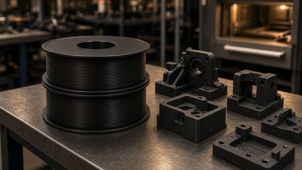PA-CF filament OEM wholesale heat fixtures — unlabeled matte-black nylon carbon-fiber spools with stiff FDM shop jigs on a Foshan OEM heat-fixture bench