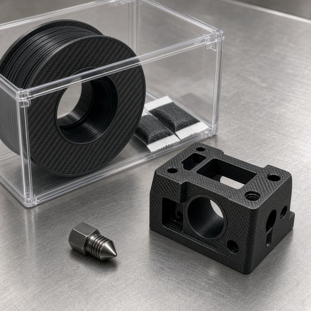 PA-CF nylon CF dry box shop jig OEM wholesale — unlabeled black nylon carbon-fiber spool in a dry box beside a stiff FDM fixture