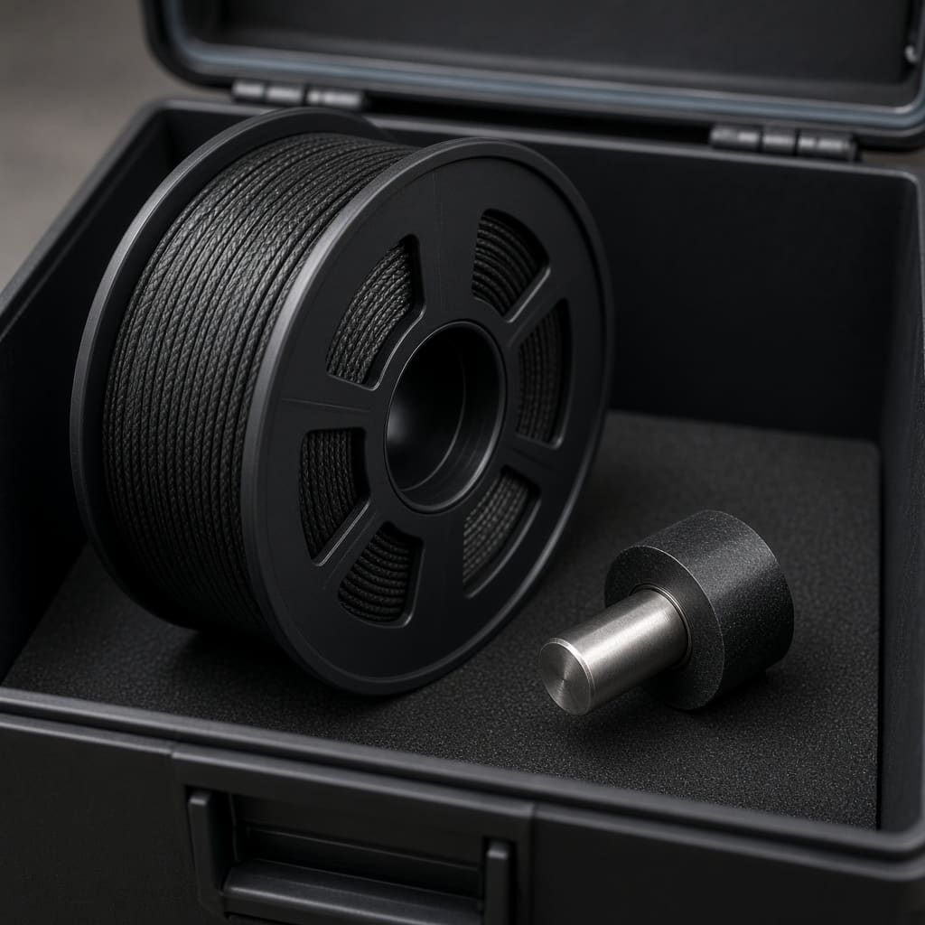 PA-CF nylon wear bushing OEM wholesale — unlabeled black nylon carbon-fiber spool in a dry box beside a sliding bushing