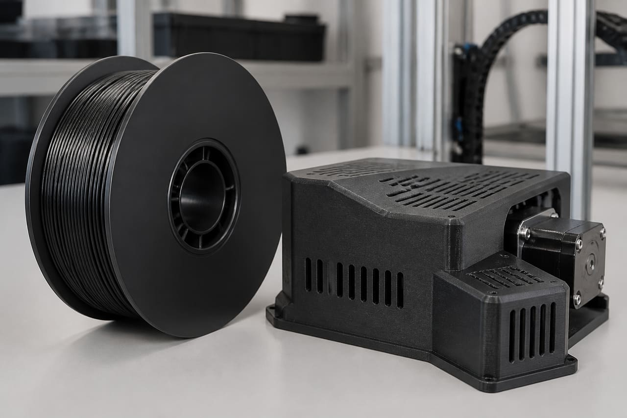 PC filament OEM wholesale high-heat electronics — unlabeled black polycarbonate spool with vented electronics housing, Foshan OEM wholesale