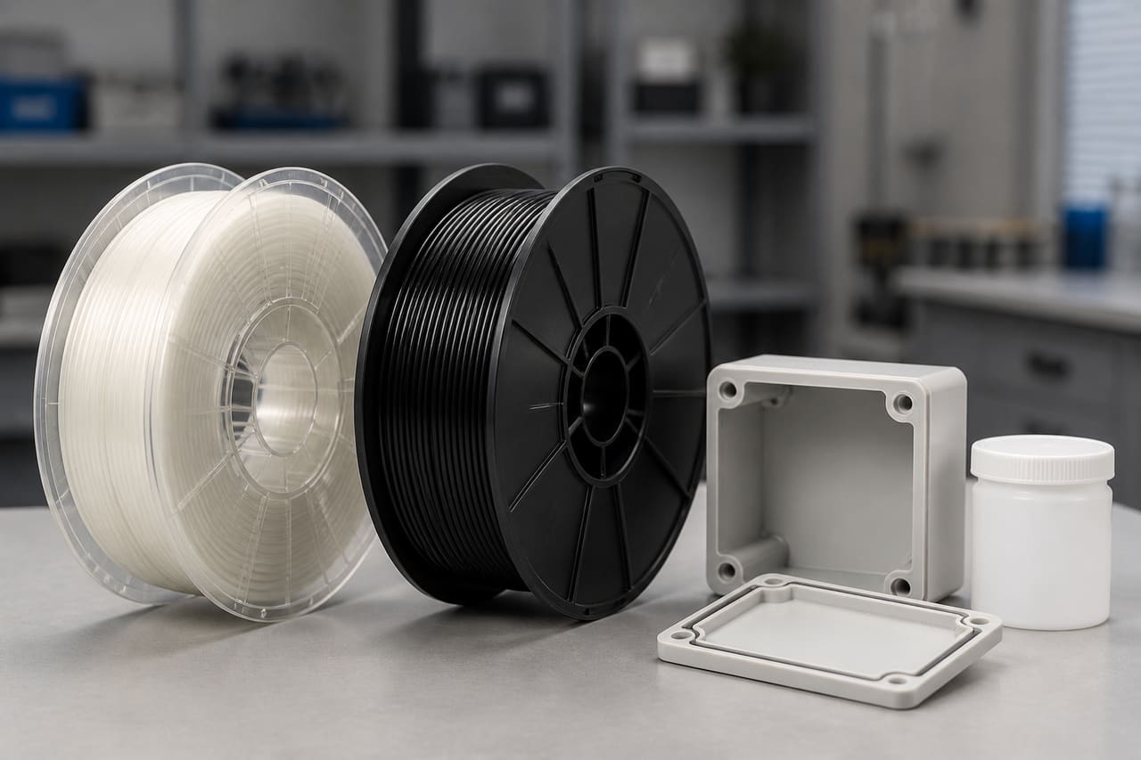 PCTG filament OEM wholesale chemical housings — unlabeled black and natural PCTG spools with chemical-resistant industrial enclosure, Foshan OEM wholesale