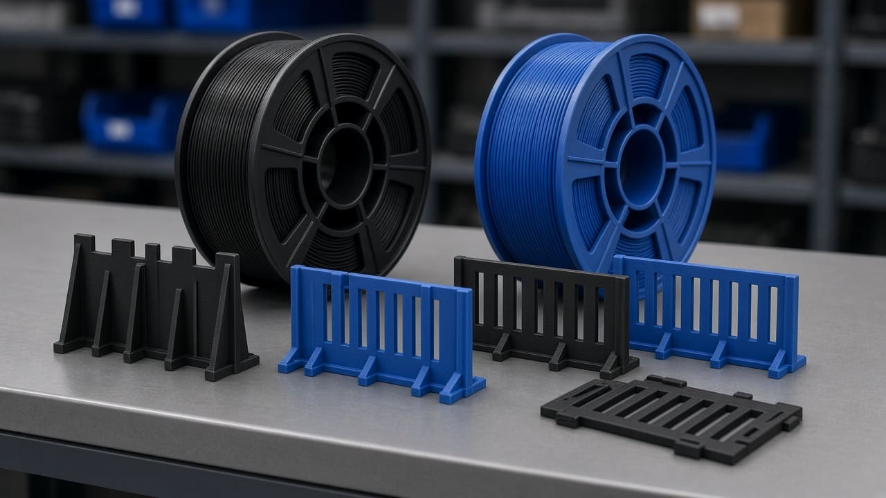PETG filament OEM wholesale bin dividers — unlabeled black and blue PETG spools beside color-coded warehouse bin divider panels, Foshan OEM