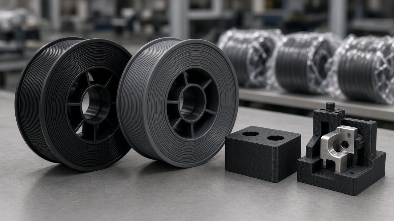 PETG filament OEM wholesale jigs fixtures — unlabeled black and grey PETG spools with FDM drill jigs and clamp nests on a Foshan OEM bench