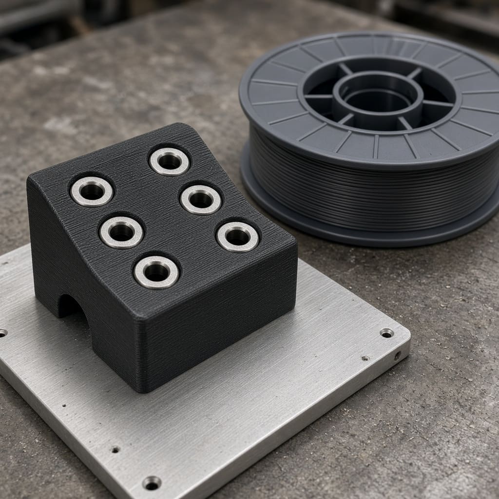 PETG shop jig printed OEM wholesale — black FDM drill jig on aluminum plate
