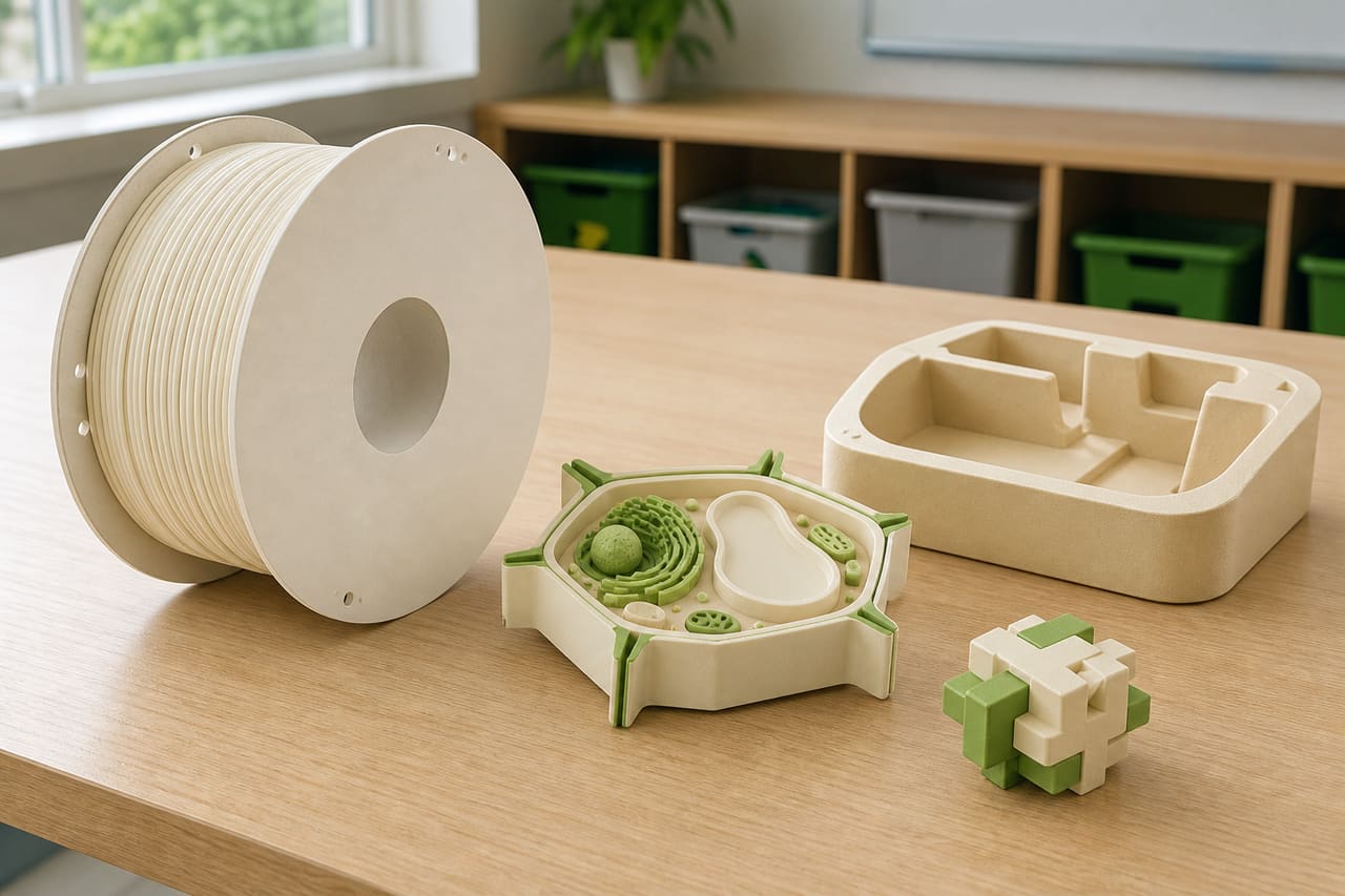 PHA filament OEM wholesale education kits — unlabeled bio-based spool with STEM teaching models and compostable packaging mockups
