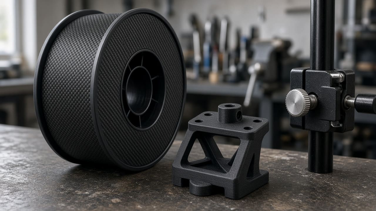 PLA CF filament OEM wholesale camera rig — unlabeled black carbon-fiber PLA spool beside a matte camera bracket, Foshan OEM