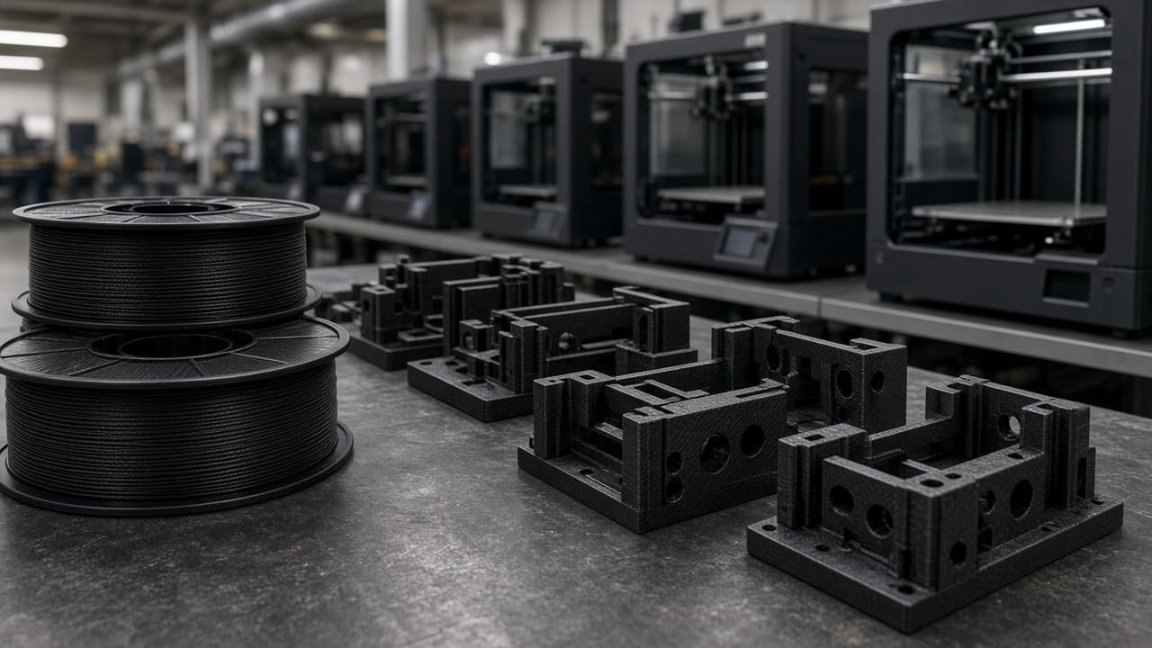 PLA CF filament OEM wholesale print farm fixtures — unlabeled matte black carbon-fiber PLA spools with overnight nest jigs beside FDM printers, Foshan OEM factory