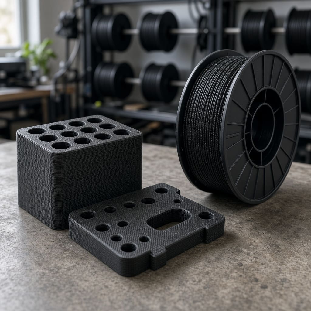 PLA CF print farm nest fixture OEM wholesale — matte black carbon-fiber PLA jig and unlabeled 1.75 mm spool