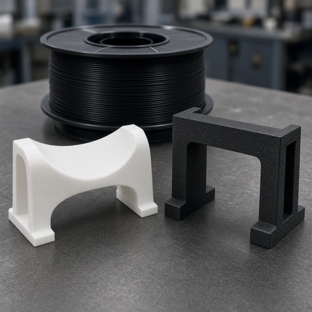 PLA CF vs PLA farm fixture OEM wholesale — sagging white PLA jig beside a stiff matte black CF PLA fixture