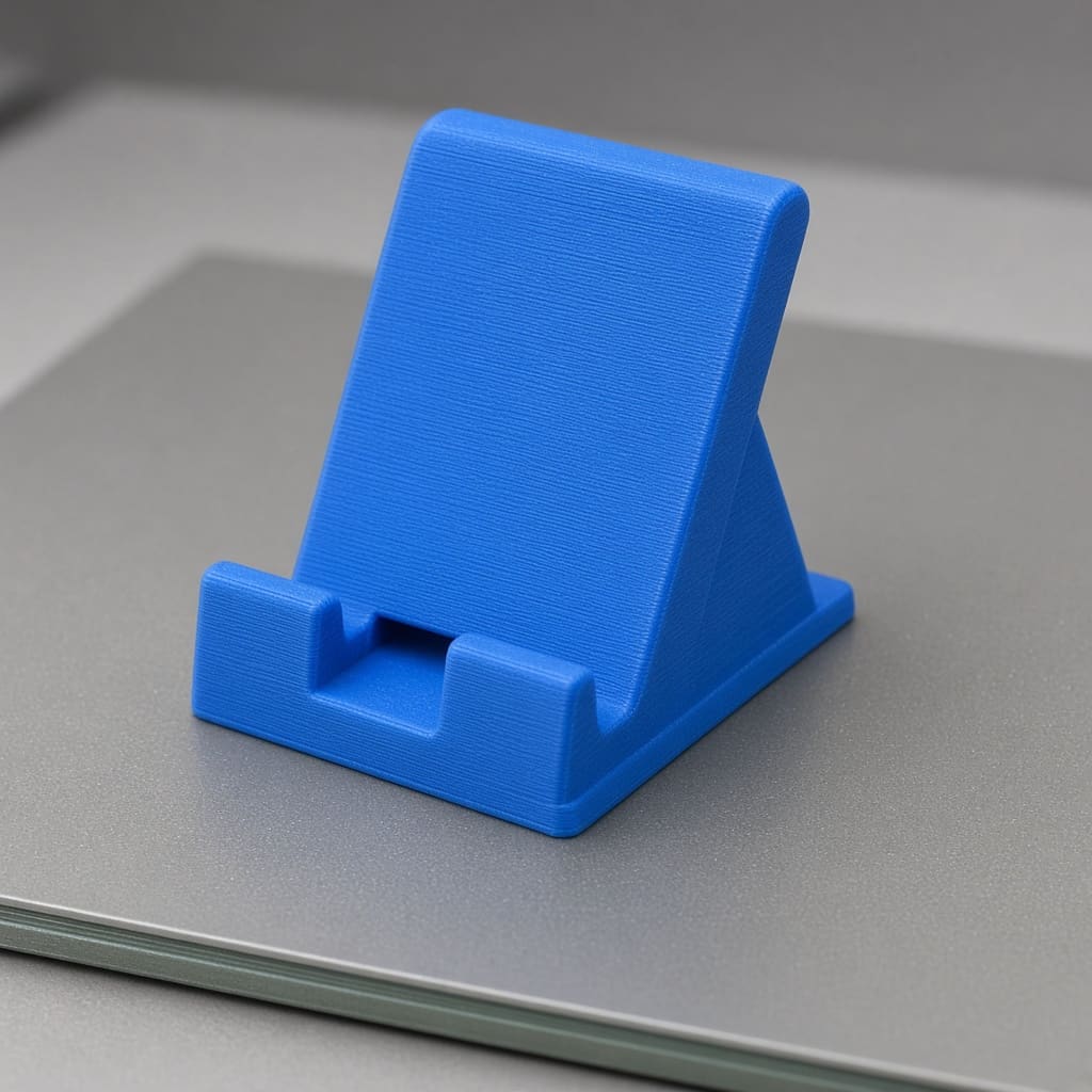 PLA classroom first layer print OEM wholesale — blue FDM student phone stand on a clean bed