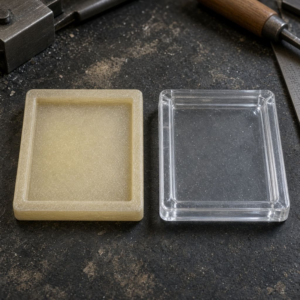 PLA clear vs transparent PETG window OEM wholesale — yellowed PLA panel beside a clearer PETG enclosure window