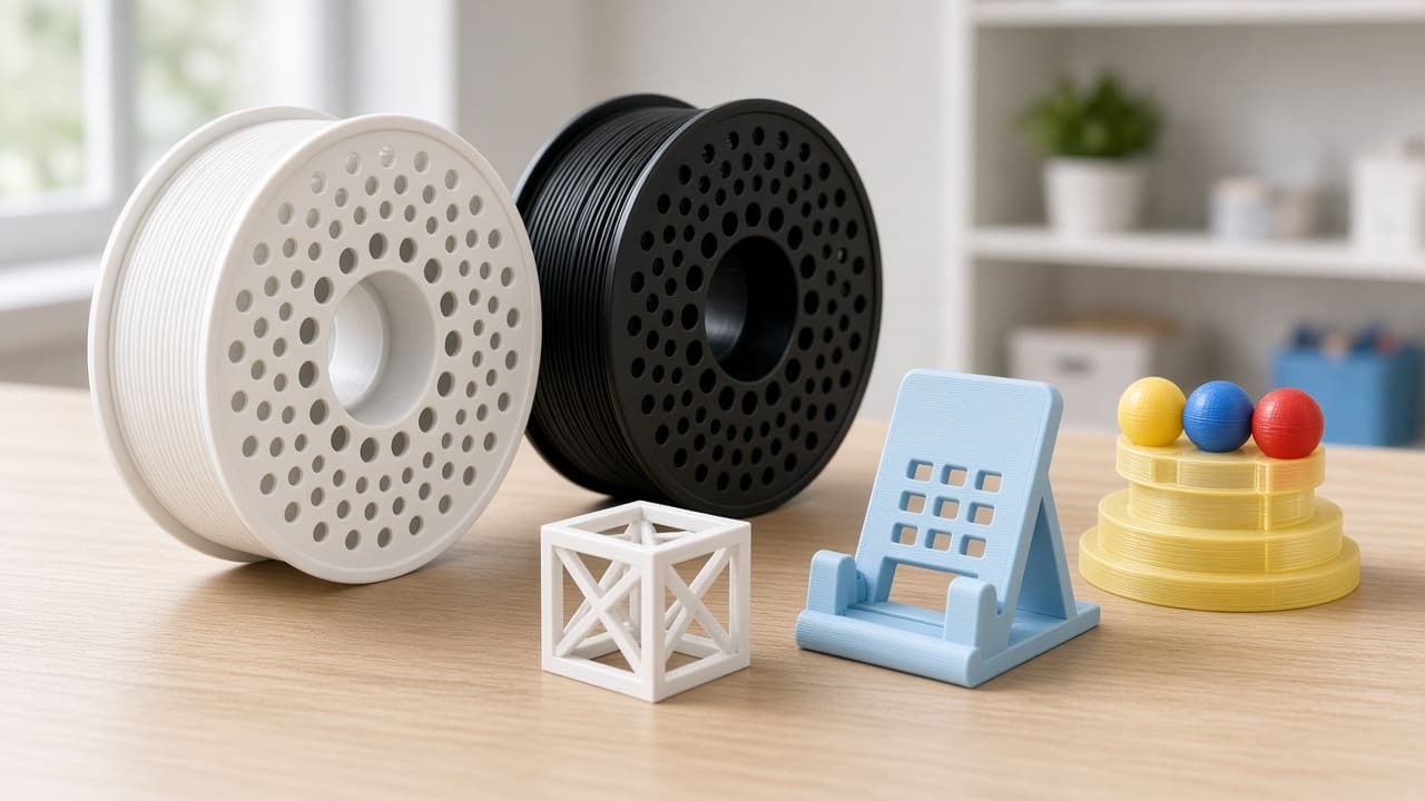 PLA filament OEM wholesale classroom kits — unlabeled white and black PLA spools with easy FDM student prints on a Foshan OEM bench