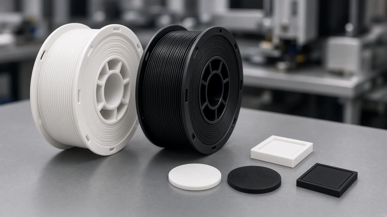 PLA filament OEM wholesale print farm calibration — unlabeled white and black PLA spools beside first-layer calibration coupons, Foshan OEM
