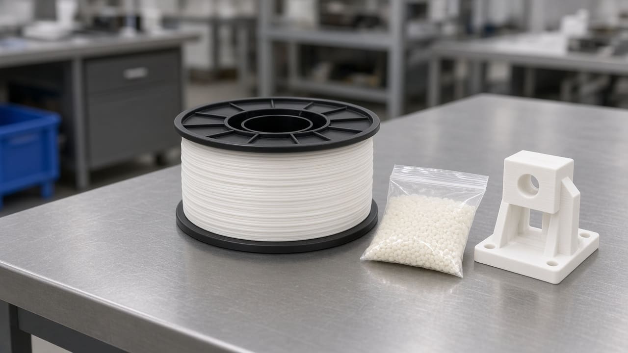 PLA filament OEM wholesale virgin vs recycled — unlabeled white PLA spool with virgin pellets and a clean printed jig, Foshan brand OEM factory