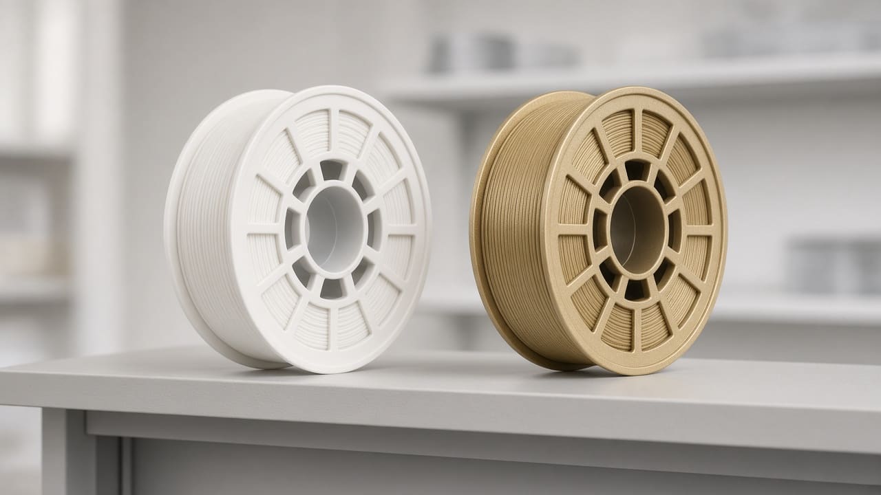 Matte white filament spool beside a silk-gold spool on a shop shelf — glare decides the grade