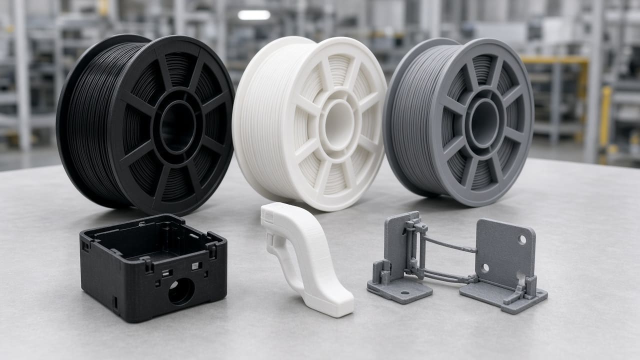 PLA+ filament OEM wholesale functional prototypes — unlabeled black, white and grey PLA+ spools with snap-fit housings and brackets, Foshan OEM factory