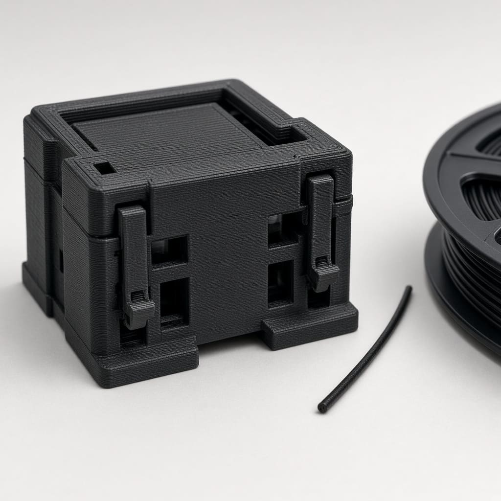 PLA+ functional prototype printed OEM wholesale — black snap-fit housing and 1.75 mm filament