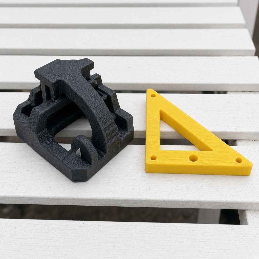 PLA+ vs PLA classroom OEM wholesale — overbuilt PLA+ clip beside an easy yellow PLA class model